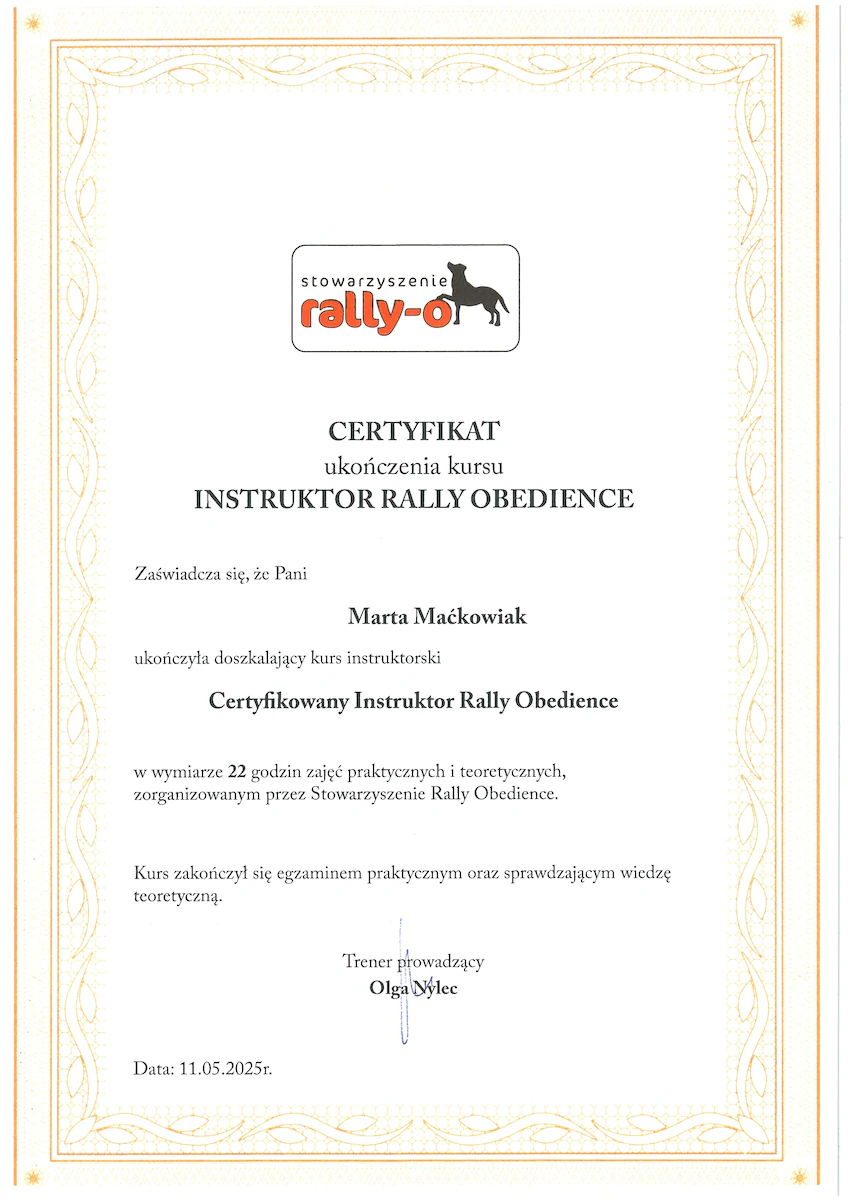 Ceryfikat trenersk Rally-O Marta Ludwiczak
