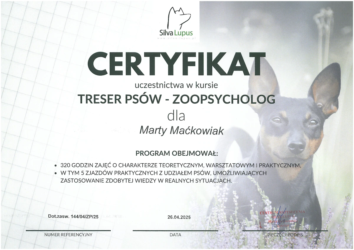 Dyplom ukończenia kursu Zoopsycholog dla Marty Maćkowiak